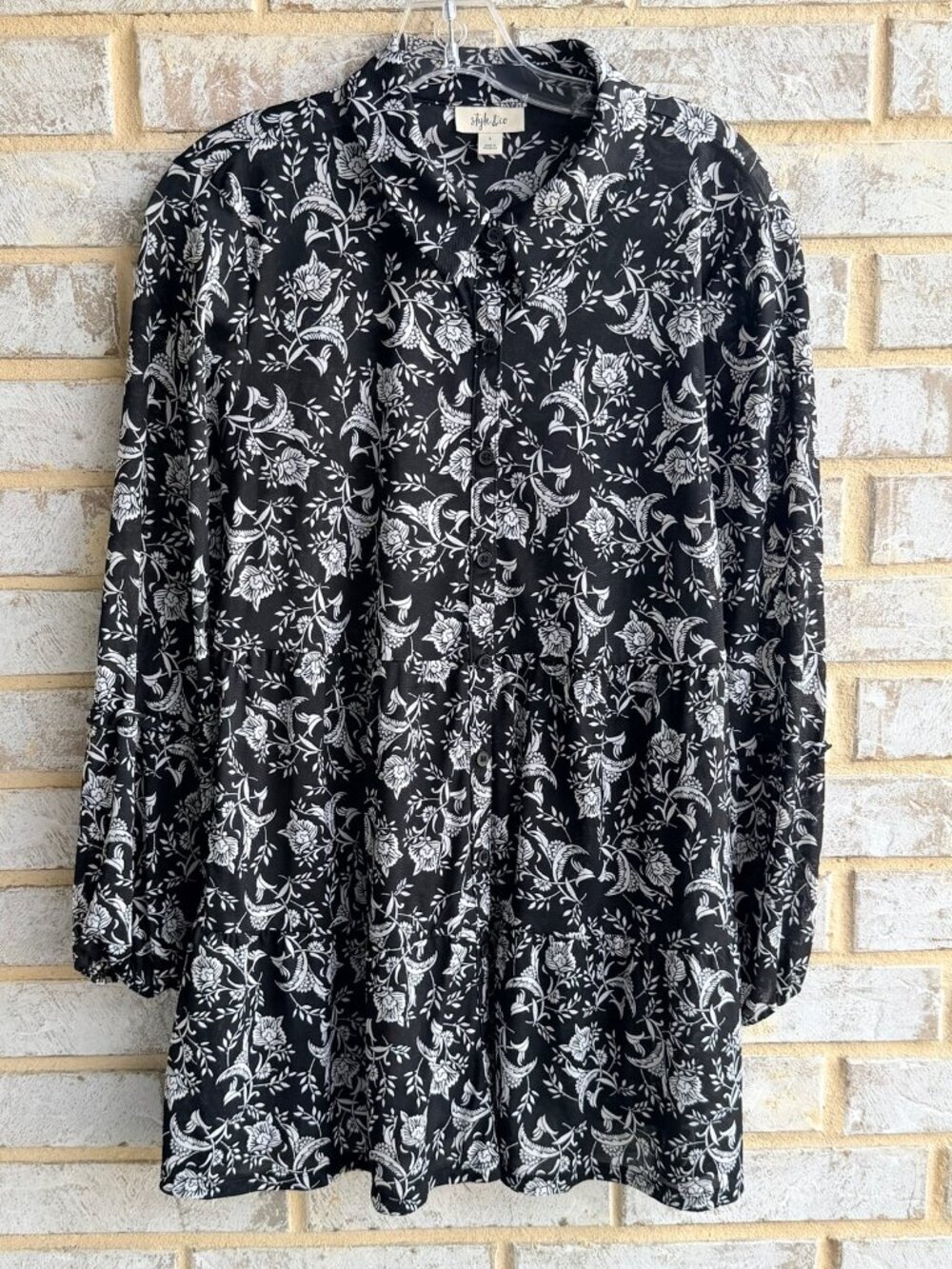 Style & Co Long Sleeve Button Up Collared Floral Sheer Blouse Women's Size L